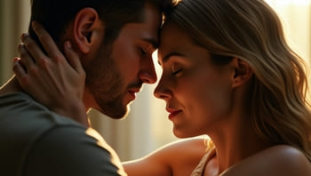 Ein Mann und eine Frau stehen eng aneinander, Stirn an Stirn und haben die Augen geschlossen.