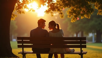 Ein junges Pärchen sitzt auf einer Bank in einem Park