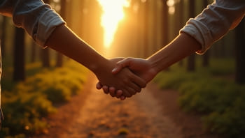 Zwei sich festhaltende Hände mit einem Waldweg im Hintergrund