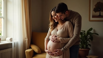 Ein Mann umarmt eine schwangere Frau und hält dabei liebevoll ihren Bauch fest.