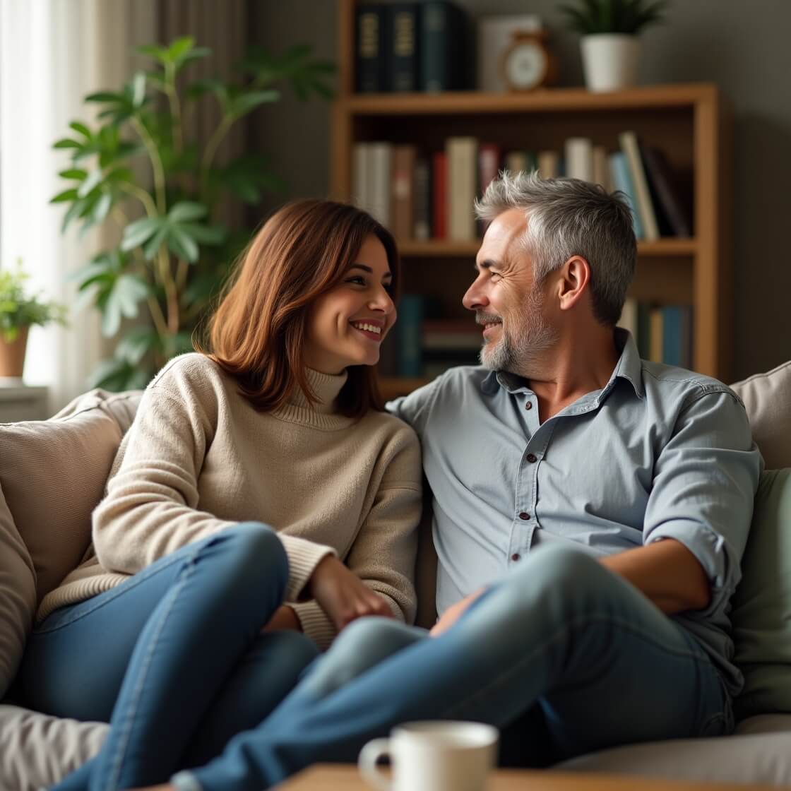 Ein Mann und eine Frau sitzen auf einem Sofa und unterhalten sich.