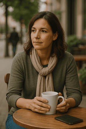 Eine Frau sitzt an einem Tisch im Café und hält eine weiße Tasse fest