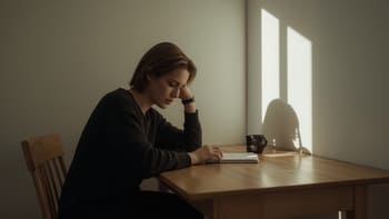 Eine Frau sitzt an einem Tisch. Sie stützt den Kopf mit ihrem Arm und wirkt nachdenklich.